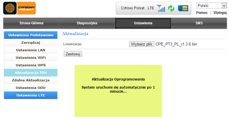 10. Po kliknięciu przycisku Zastosuj nastąpi automatyczna aktualizacja urządzenia. W tym czasie zabrania się wyłączania przeglądarki lub urządzenia z zasilania.