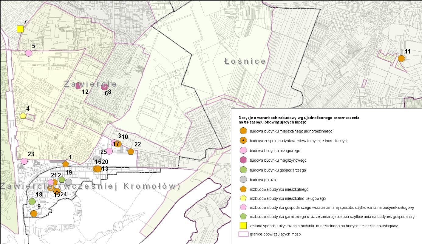 terminie wydania tych DWZ. Najwięcej decyzji dotyczyło budowy bądź rozbudowy budynku mieszkalnego jednorodzinnego ewentualnie mieszkalno-usługowego (13 decyzji dla 21 budynków łącznie).