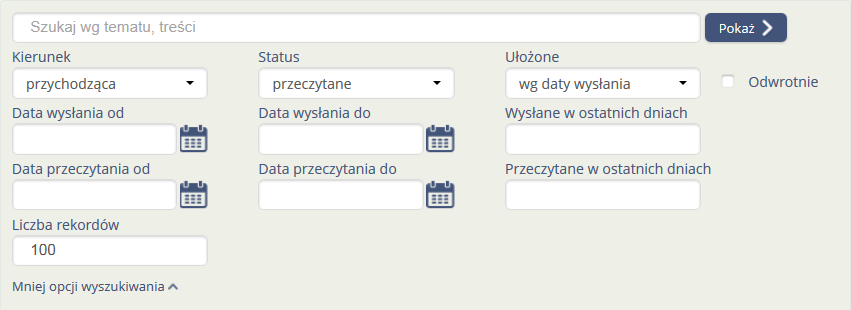 Użytkownik Klienta ma możliwość prowadzenia korespondencji z Bankiem na ogólnie znanych zasadach obsługi skrzynek pocztowych: Przeglądania/Wyszukiwania, Wysyłania/Odpowiadania, Odbierania,