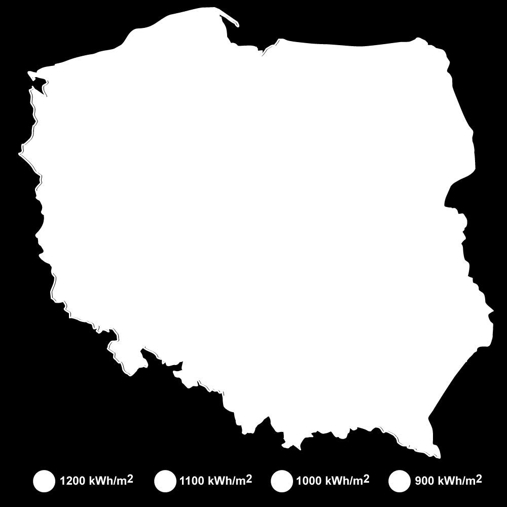 Rysunek 4. Rozkład przestrzenny całkowitego nasłonecznienia rocznego na terenie Polski. Źródło: http://solarisline.
