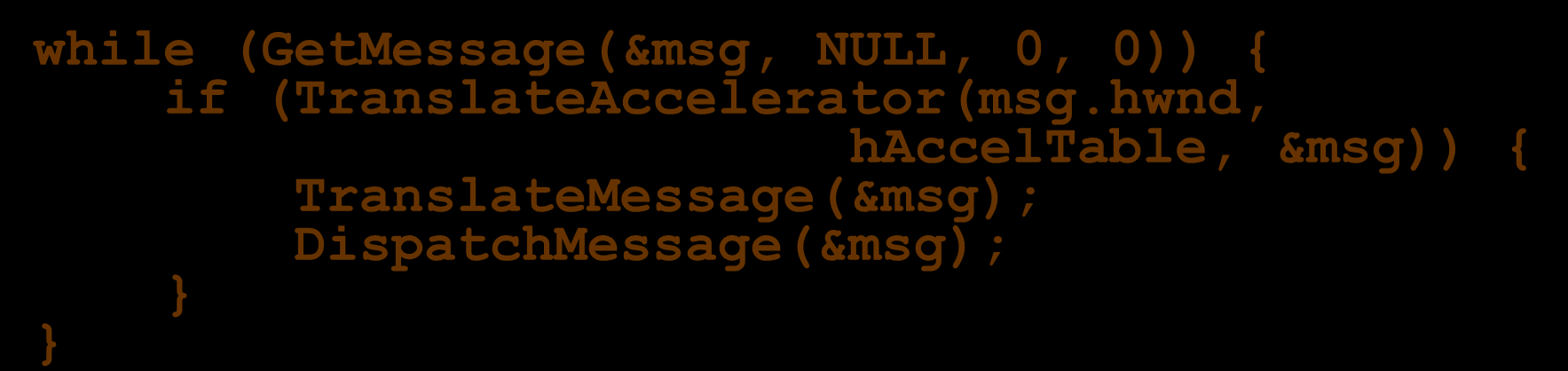 Wykład 1-14 Pętla komunikatów GetMessage() zwróci FALSE gdy odbierze WM_QUIT PostQuitMessage() wysyła WM_QUIT do kolejki Modyfikacje: TranslateAccelerator()