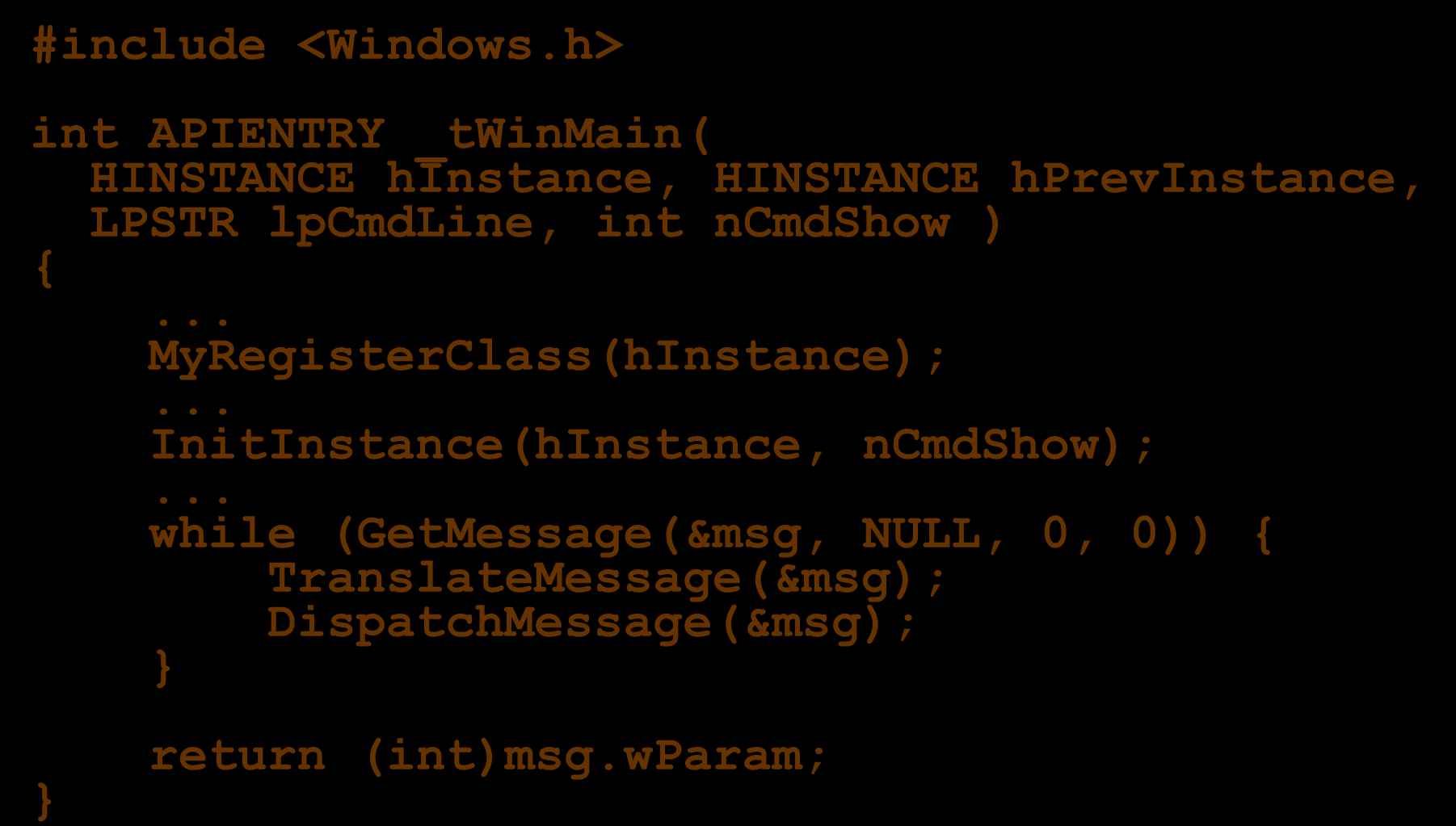 Program w Win32 API Wykład 1-5 #include <Windows.h> int APIENTRY _twinmain( HINSTANCE hinstance, HINSTANCE hprevinstance, LPSTR lpcmdline, int ncmdshow ) {.