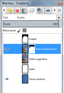 5. Maskę z rysunku należy teraz zastosować do zdjęcia. Kolejno: a. przejdź do warstwy maska; b. zaznacz całą warstwę (Ctrl+A); c. skopiuj zaznaczony obraz (Ctrl+C); d.