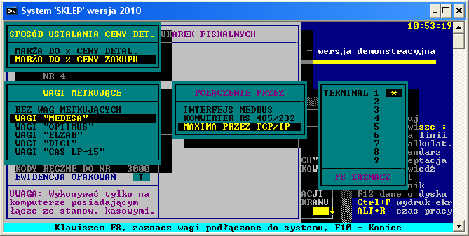 W oknie Wagi Metkujące wybieramy pozycję Wagi MEDESA połączenie przez MAXIMA PRZEZ TCP/IP zaznaczając klawiszem F8 terminal numer 1. Kolejnym krokiem jest przekopiowanie biblioteki ecodll.