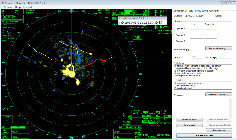 Metodyka Rys. 4.6 Przykłady zrzutu ekranu oprogramowania BirdTracker z obrazem z radaru po lewej i formularzem edycji po prawej.