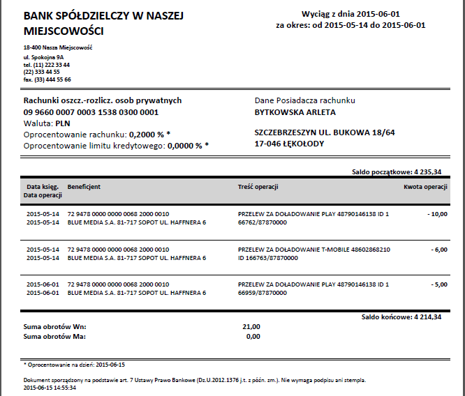 Format wyciągu typ1 (poniżej) Formaty wyciągów (Typ1 lub Typ2) oraz wybór na wydruku widocznej/ bądź nie widocznej kolumny Adnotacje i Saldo można uzyskać przez użycie w menu bocznym zakładki
