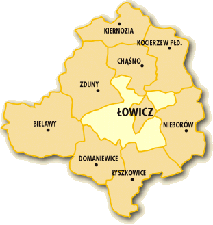 Rysunek 2. Położenie gmin powiatu łowickiego. Źródło: http://www.powiat.lowicz.pl/ Gmina Bielawy oprócz największej powierzchni cechuje się największą liczbą sołectw (39).