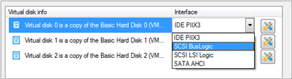 6. Ustaw właściwości dysku wirtualnego: Virtual disk interface. Domyślnie kreator ustawia najodpowiedniejszy interfejs dla każdego dysku.