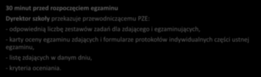 Egzamin ustny z języka obcego przed egzaminem 2 miesiące przed egzaminem Dyrektor szkoły przedstawia członkom PZE listę ich zadań, procedurę przebiegu egzaminu, wzory protokołów i omawia sposób ich