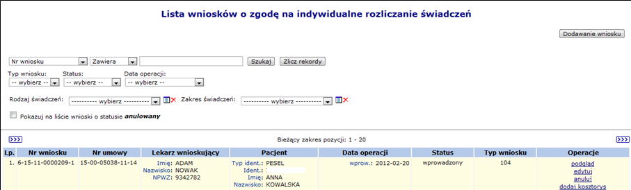 Szczegóły funkcjonalności Po dodaniu wniosku o zgodę na indywidualne rozliczenie świadczeń