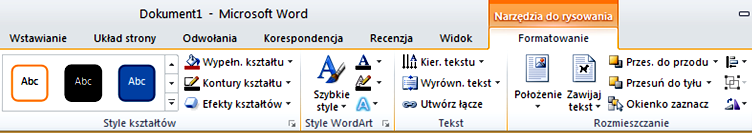 Obiekt ten można formatowad. W tym celu należy wybrad w menu zakładkę Formatowanie, a na wstążce - sekcję Style WordArt (porównaj rysunek poniżej).