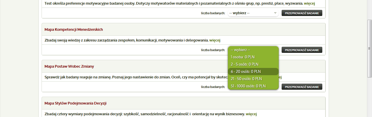 4. Po zalogowaniu się znajdziesz się w sekcji portalu nazwanej Przeprowadź badanie. Przejedź w dół ekranu do interesującego Cię badania. 5.