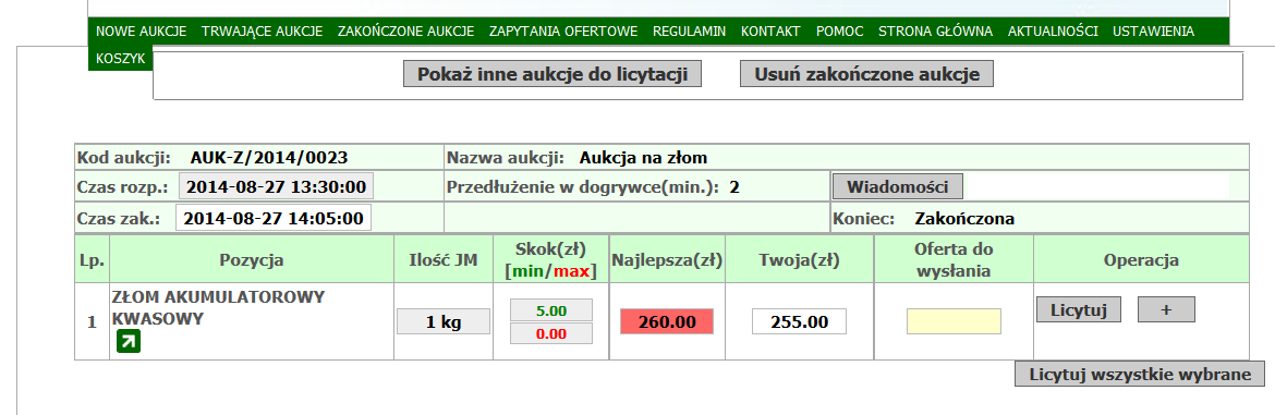 Jeśli inny uczestnik aukcji poda lepszą cenę, wtedy ona wskoczy do kolumny Najlepsza: Przeprowadzane aukcje mają ustawiony parametr dogrywki (2 minuty).