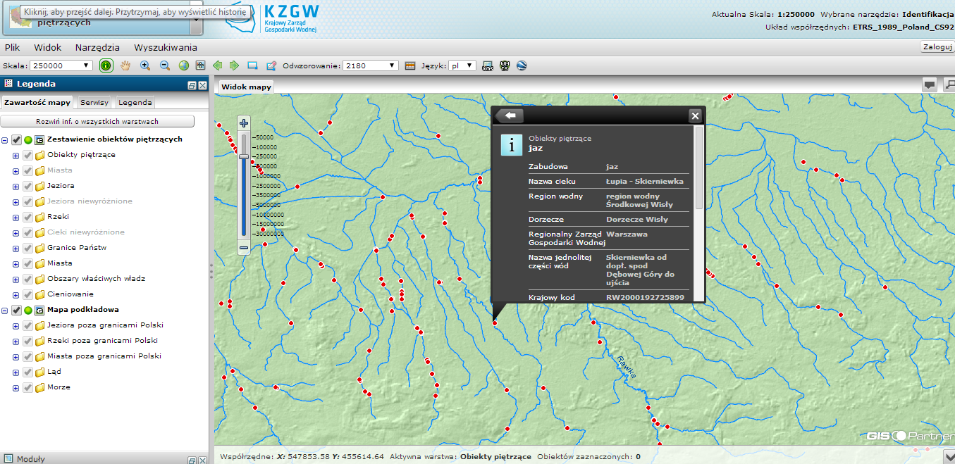 Obiekty piętrzące inwentaryzacja KZGW Moduł mapowy na Geoportalu KZGW