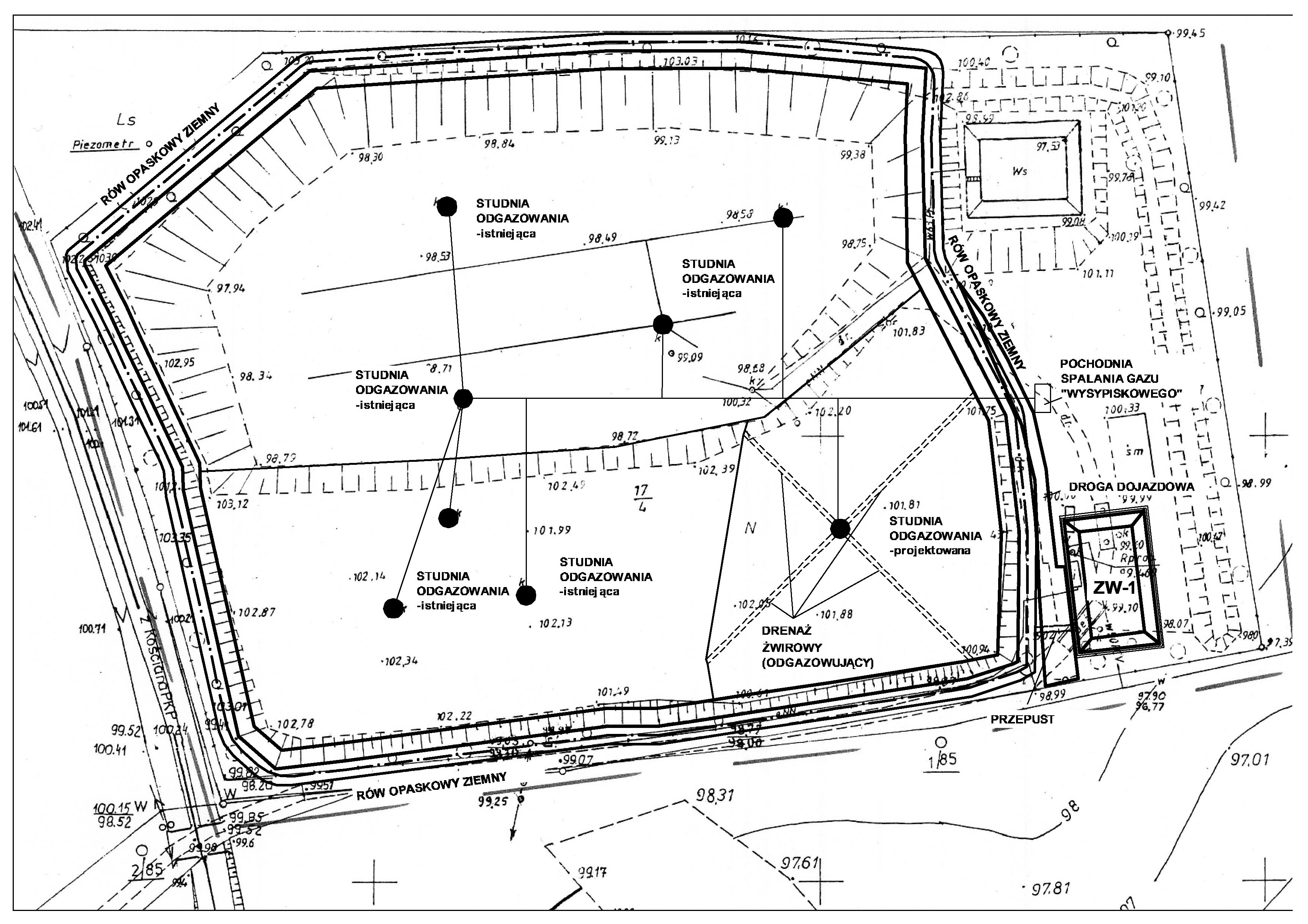 CZĘŚĆ III P-FU Ryc. 1-4 Przykładowy plan sytuacyjny składowiska w Dalabuszkach 1.1.1.6 Zadanie nr 6/KIlI: Zamknięcie i rekultywacja składowiska odpadów w miejscowości Wydawy, gmina Poniec 1.1.1.6.1 Charakterystyczne parametry określające wielkość obiektu Składowisko odpadów komunalnych w m.