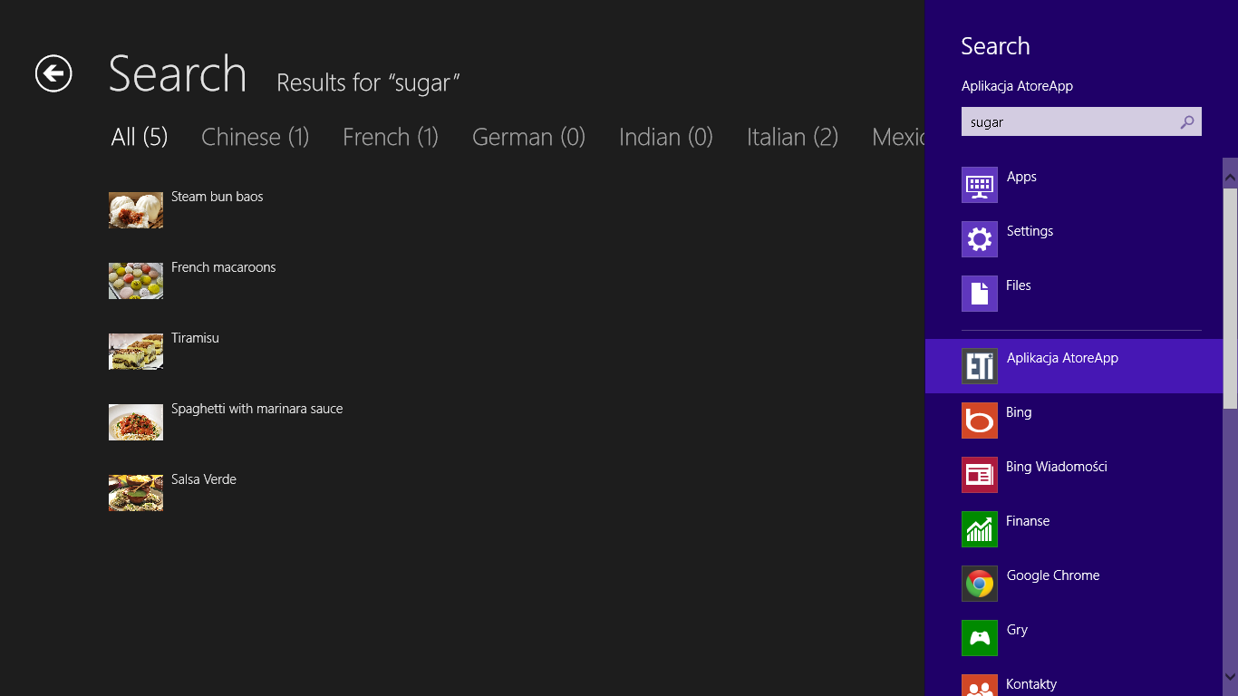 6. Uruchom projekt i wyszukaj przepisy zawierające słowo kluczowe: sugar, strona z wynikami powinna wyglądać mniej/więcej tak: 7. W pliku App.xaml.
