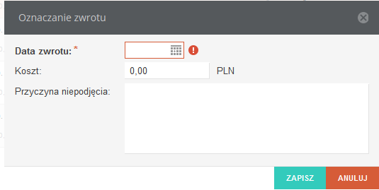 Rysunek 72 Formularz edycji listy korespondencji 9.2.2 Zwrot przesyłki Daną przesyłkę można oznaczyć jako zwróconą guzikiem dostępnym w menu akcji dla wybranej listy.