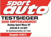 225/40R18 92Y Sport Auto Bardzo dobra odporność na aquaplaning, dobre Numer 4 /2013 Miejsce 3 /10 właściwości hamowania, bardzo dobra opona na mokrą i suchą nawierzchnię.