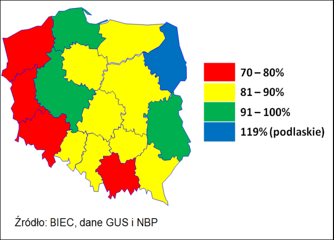 Mapa nr 8: Napływ bezpośrednich inwestycji zagranicznych per capita 2007 2010 Mapa nr 9: Dynamika napływu bezpośrednich inwestycji zagranicznych per capita 2007 2010 Źródło: BIEC, dane GUS i NBP. 2.2.3.