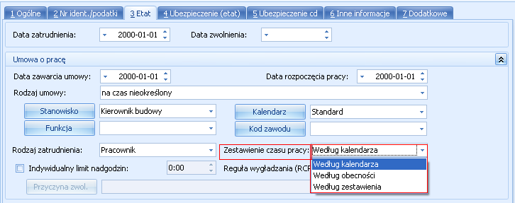 Formularz pracownika - zakładka Etat - określenie sposobu rozliczania czasu rzeczywistego.