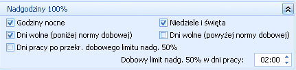 Dni pracy po przekroczeniu dobowego limitu nadgodzin 50% (związany z innym parametrem Dobowy limit nadgodzin 50% w dni pracy ) niezaznaczony, parametry te mają w zasadzie charakter historyczny, gdyż