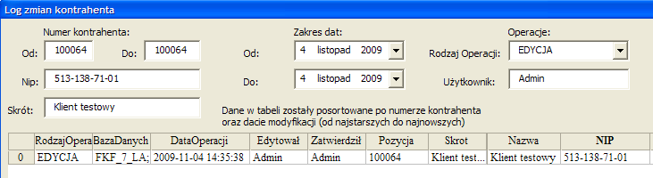 Dane są posortowane po numerze kontrahenta oraz dacie modyfikacji (od najstarszych do najnowszych). Dane kontrahenta, które uległy zmianie, oznaczone są czerwoną ramką. Od wersji 02.11.