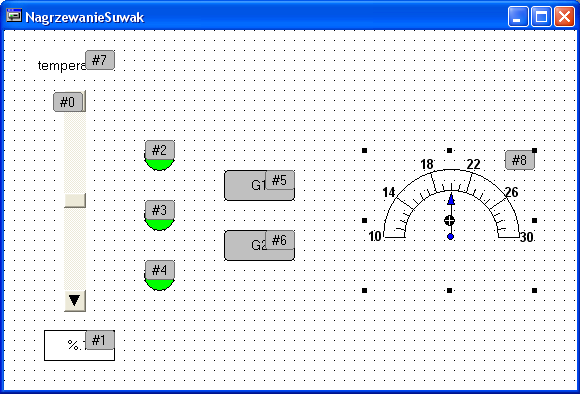 Kod 2. Projektowana wizualizacja Zmienna temp jest ustawiana suwakiem oraz wskazywana na wyświetlaczu cyfrowym i mierniku wskazówkowym.