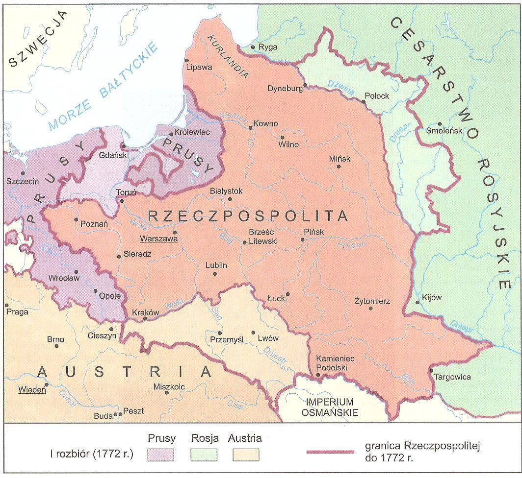 W 1772 roku doszło do I rozbioru Rzeczpospolitej. Rosja, Prusy i Austria okroiły terytorium naszego państwa.