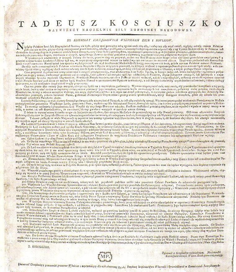 UNIWERSAŁ POŁANIECKI 7 maja 1794r. W obozie warownym pod Połańcem Kościuszko wydał uniwersał który formalnie przyznawał chłopom ograniczoną wolność osobistą.