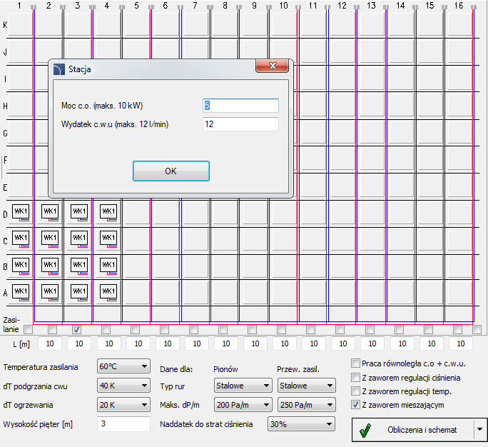 Obliczenia hydrauliczne i automatyczne rysowanie rozwinięć w KaMo/Delta Błyskawiczny wybór odbiorników (stacji mieszkaniowych) w oknie dialogowym, w którym można określić do 16 pionów i 11