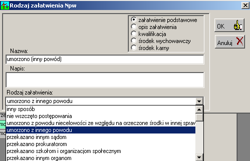 Opis sprawozdania MS-S16 w Wydziale Rodzinnym 18 Rys. 29. Okno Rodzaj załatwienia Rep.