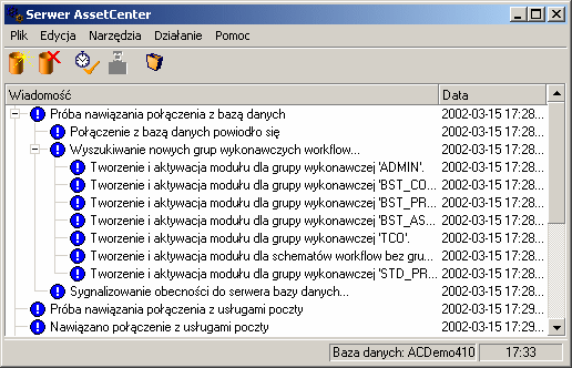 AssetCenter Główny ekran programu AssetCenter Server Główne okno wyświetla wszystkie zdarzenia obsługiwane przez AssetCenter Server.
