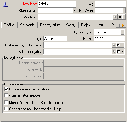 Administracja bazy danych Login pracownika jest podany w tabeli wydziałów i pracowników (zakładka Profil) Należy również wypełnić pole E-mail w zakładce Ogólne na ekranie szczegółów pracownika