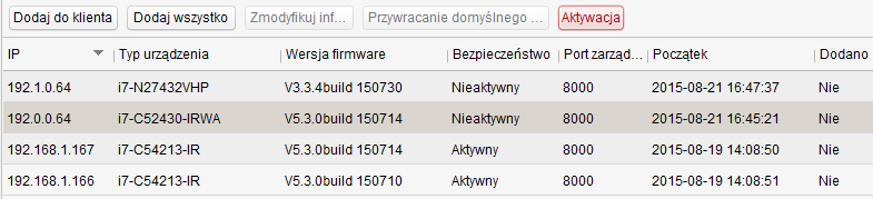 2.2 Program SADP Kamery IP oraz rejestratory mogą być aktywowane przez program SADP w wersji V2.2.3.5 lub wyższej. Należy zainstalować i uruchomić program, wyszukać urządzenia w sieci LAN.