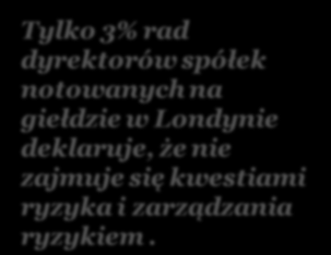 Rośnie rola komitetów audytu w zakresie zarządzania ryzykiem Tylko 3% rad dyrektorów spółek notowanych na giełdzie w Londynie deklaruje, że nie zajmuje się kwestiami ryzyka i zarządzania ryzykiem.