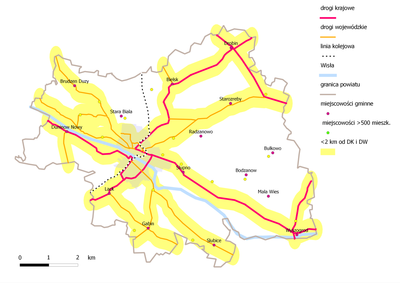 4. INFRASTRUKTURA DROGOWA Układ istniejącej sieci transportowo komunikacyjnej powiatu płockiego jest wynikiem dwudzielnego charakteru sieci osadniczej oraz intensywności zagospodarowania obszaru