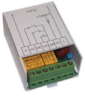 Panel kontrolny Wyświetlacz LCD Moduł przekaźnikowy Oznaczenie styków złącza śrubowego: N - przewód neutralny 230V AC. HI - wyjście biegu 3.
