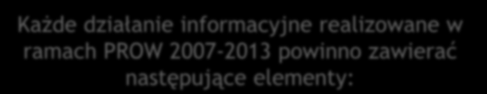 DZIAŁANIA INFORMACYJNE Każde działanie informacyjne realizowane w ramach PROW 2007-2013 powinno zawierać następujące elementy: logo Unii Europejskiej wraz z napisem poniżej flagi: Europejski Fundusz