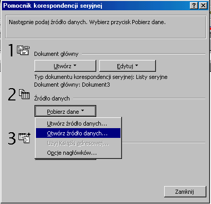Rys. 11.1. Pomocnik korespondencji seryjnej (cz.1) W oknie tym należy wybierać punkt 1 czyli Dokument główny, a następnie Listy seryjne.