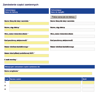 kontaktu z poszczególnymi działami firmy Zamówienie części zamiennych poprzez wypełnienie formularza Sprawdzenie statusu reklamacji poprzez wpisanie numeru