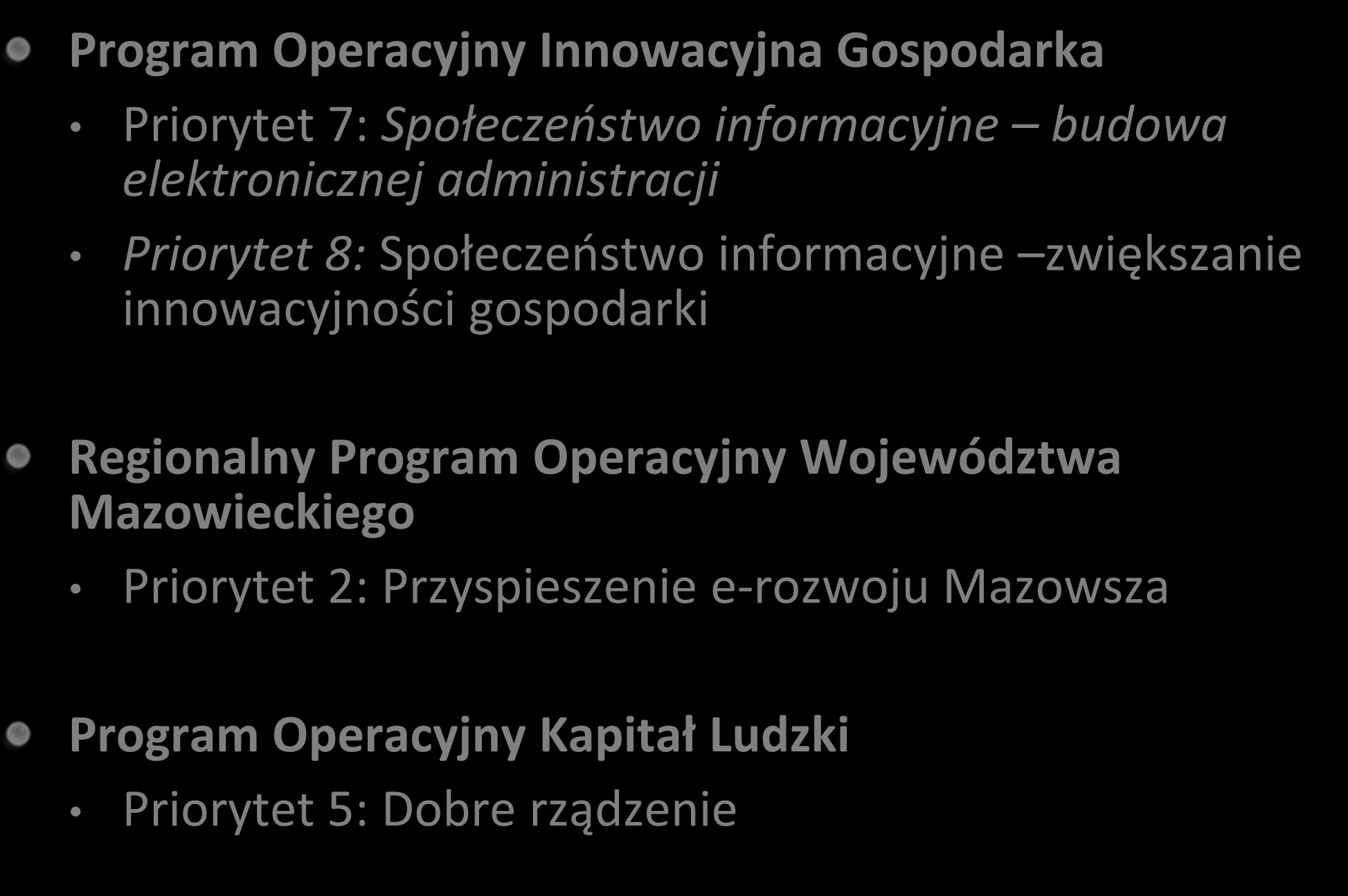 Dostępne programy operacyjne 2007-2013 Program Operacyjny Innowacyjna Gospodarka Priorytet 7: Społeczeostwo informacyjne budowa elektronicznej administracji Priorytet 8: Społeczeostwo informacyjne