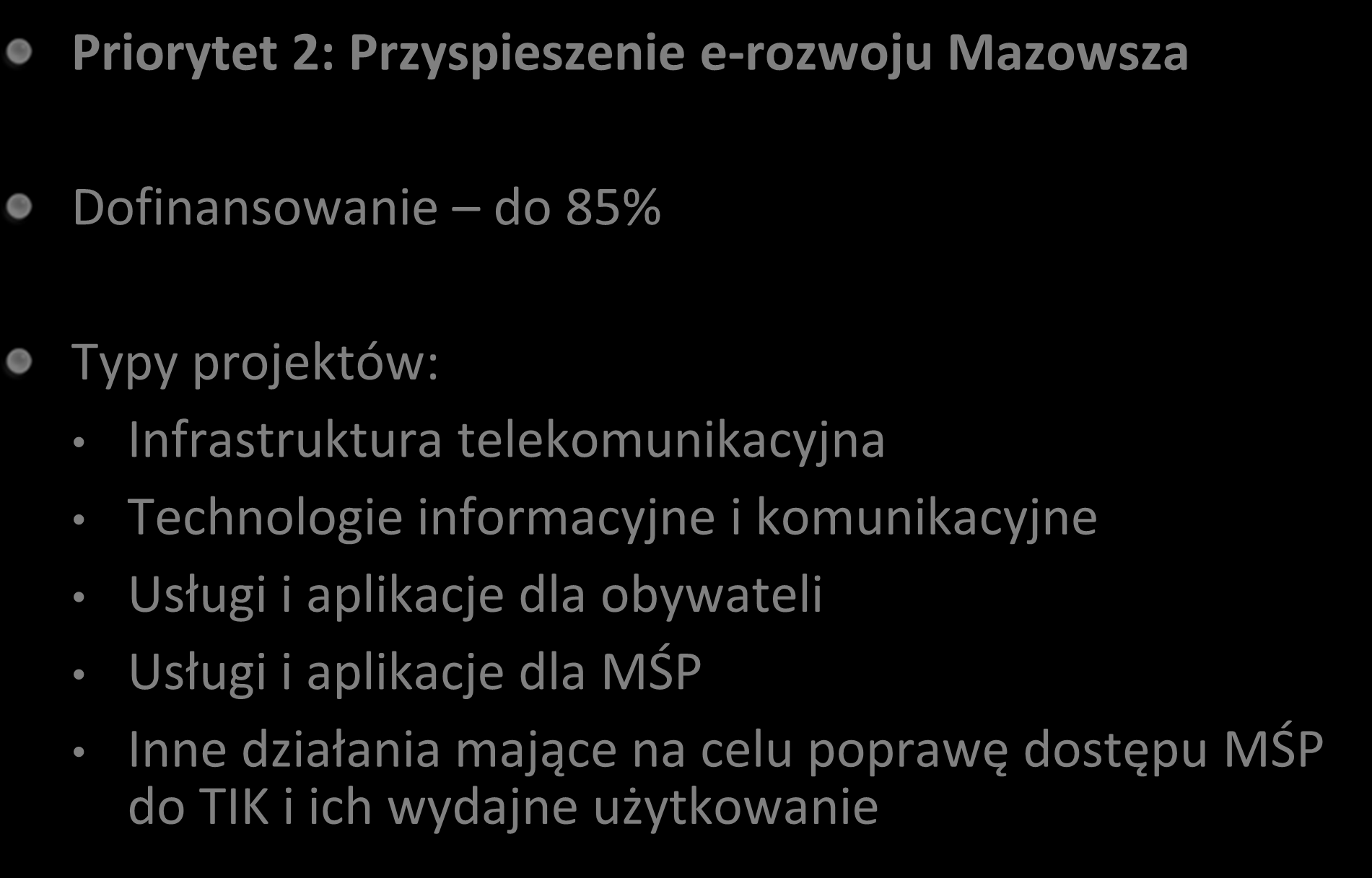 Regionalny Program Operacyjny Województwa Mazowieckiego Priorytet 2: Przyspieszenie e-rozwoju Mazowsza Dofinansowanie do 85% Typy projektów: Infrastruktura telekomunikacyjna