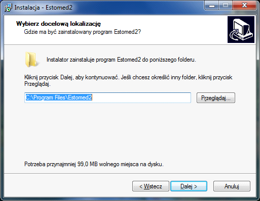 Następnie postępujemy krok po kroku za instalatorem. Wybieramy standardową ścieżkę instalacji, czyli C:\Program Files\Estomed2 lub wskazujemy inną.
