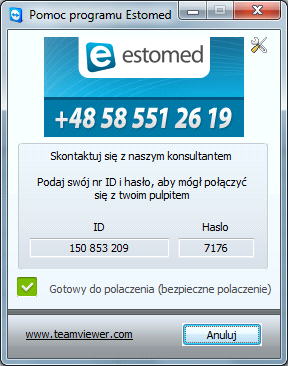 Estomed - Pomoc jest to zdalne narzędzie, które służy do serwisu oraz aktualizacji Estomed2. Dzięki niemu jesteśmy w stanie zdalnie skonfigurować system według potrzeb użytkownika.