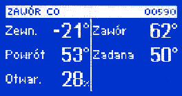 Zawór 1 (wyświetla parametry pracy zaworu pierwszego), Zawór 2 (wyświetla parametry pracy zaworu drugiego). Ekran serwisowy widok parametrów kotła dostępny wyłącznie po wprowadzeniu kodu serwisowego.