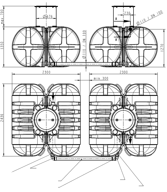 Bateria Twinbloc 2 x 5000 l PRZYKŁAD dopływ odpływ o kolano PCV 90 rura PCV DN 100 x ca.