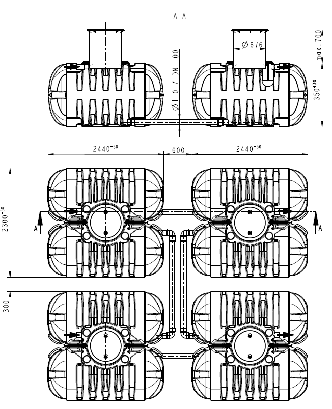 Bateria Twinbloc 4 x 5000 l PRZYKŁAD dopływ odpływ