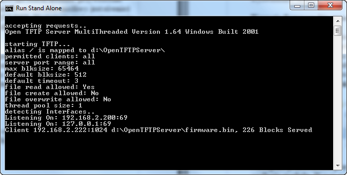 W tym momencie ponowne wpisanie w przeglądarce adresu fabrycznego spowoduje wyświetlenie strony z nową wersją oprogramowania. Wgranie firmware.bin przez tftp.