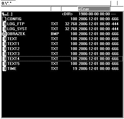 Po zalogowaniu się zostaje wyświetlona lista plików znajdująca się na serwerze. Plików LOG_FTP.TXT, LOG_SYST.TXT oraz TIME.TXT nie da się usunąć z serwera.