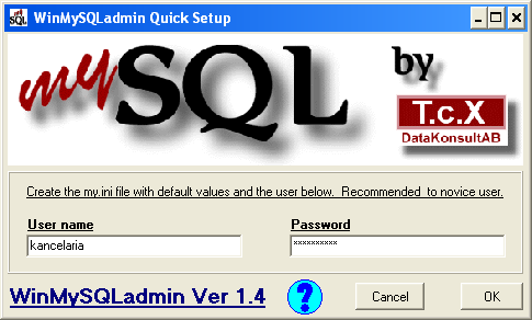 Instalacja serwera MySQL (7) Przy pierwszym uruchomieniu program założy odpowiednią usługę i stworzy dodatkowego użytkownika serwera pytając nas o jego nazwę i hasło.